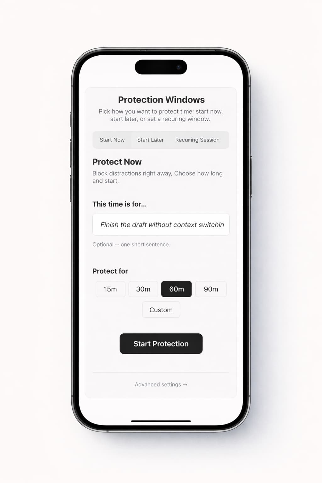 Clarity OS on iPhone showing Protection Windows for scheduled focus time